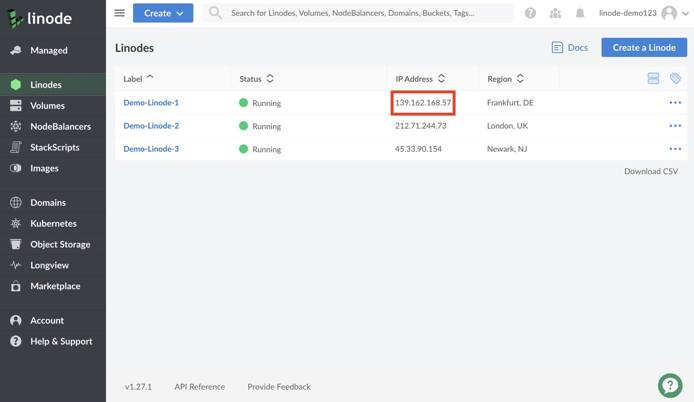 IP address from the Linodes page IP address from the Linodes page